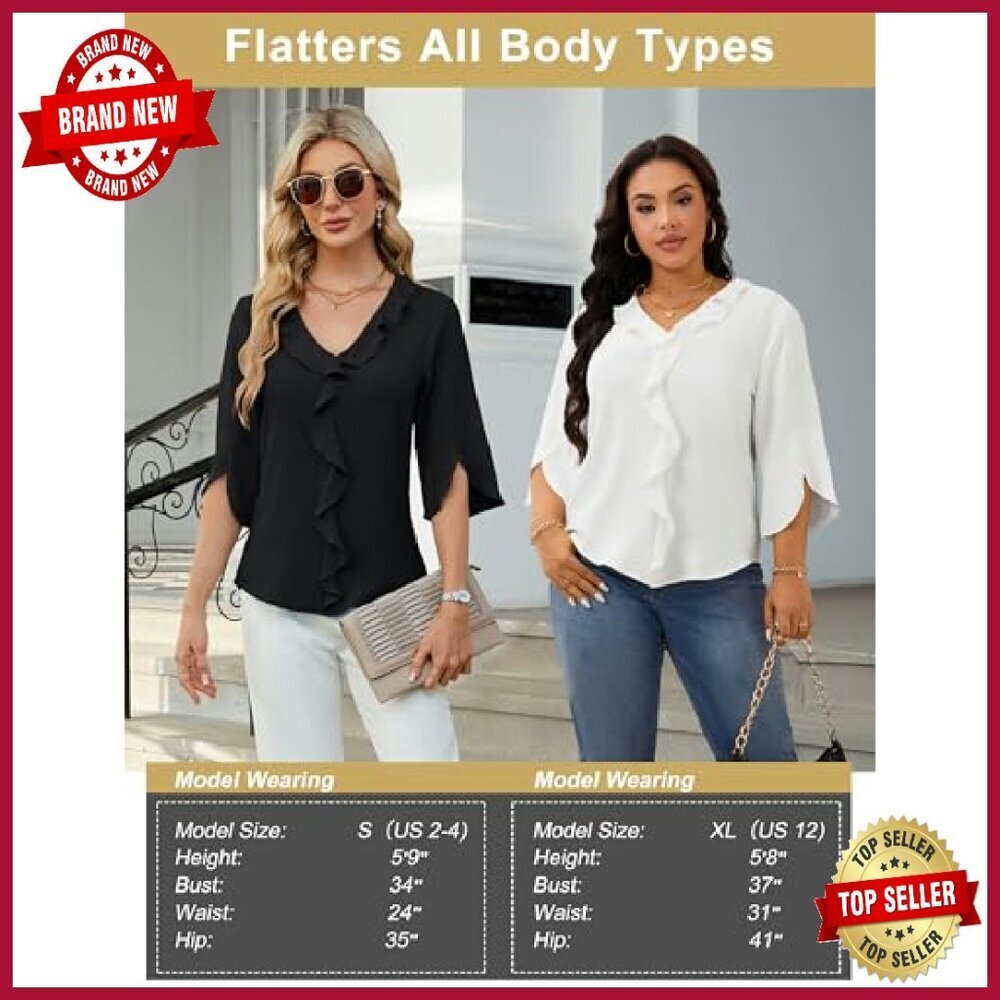 Women's 3/4 Sleeve V Neck Ruffle Blouse Business Casual Summer Top - Picture 7 of 8